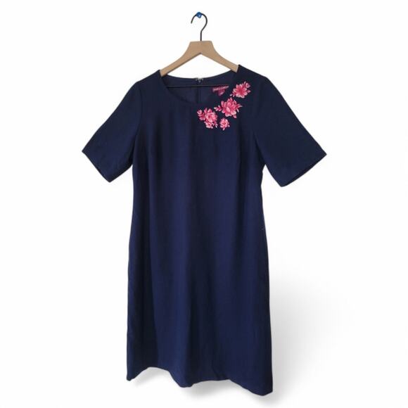 Jessica London Navy Dress with Pink Floral Embroidery – Wool Blend Size 14 - Picture 1 of 6
